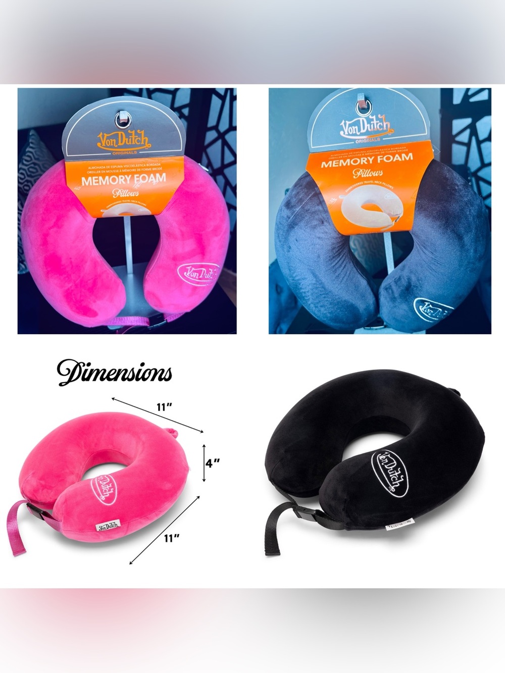 Von Dutch Classic Memory Foam Travel Neck Pillow- Pink OR Black. NWT
